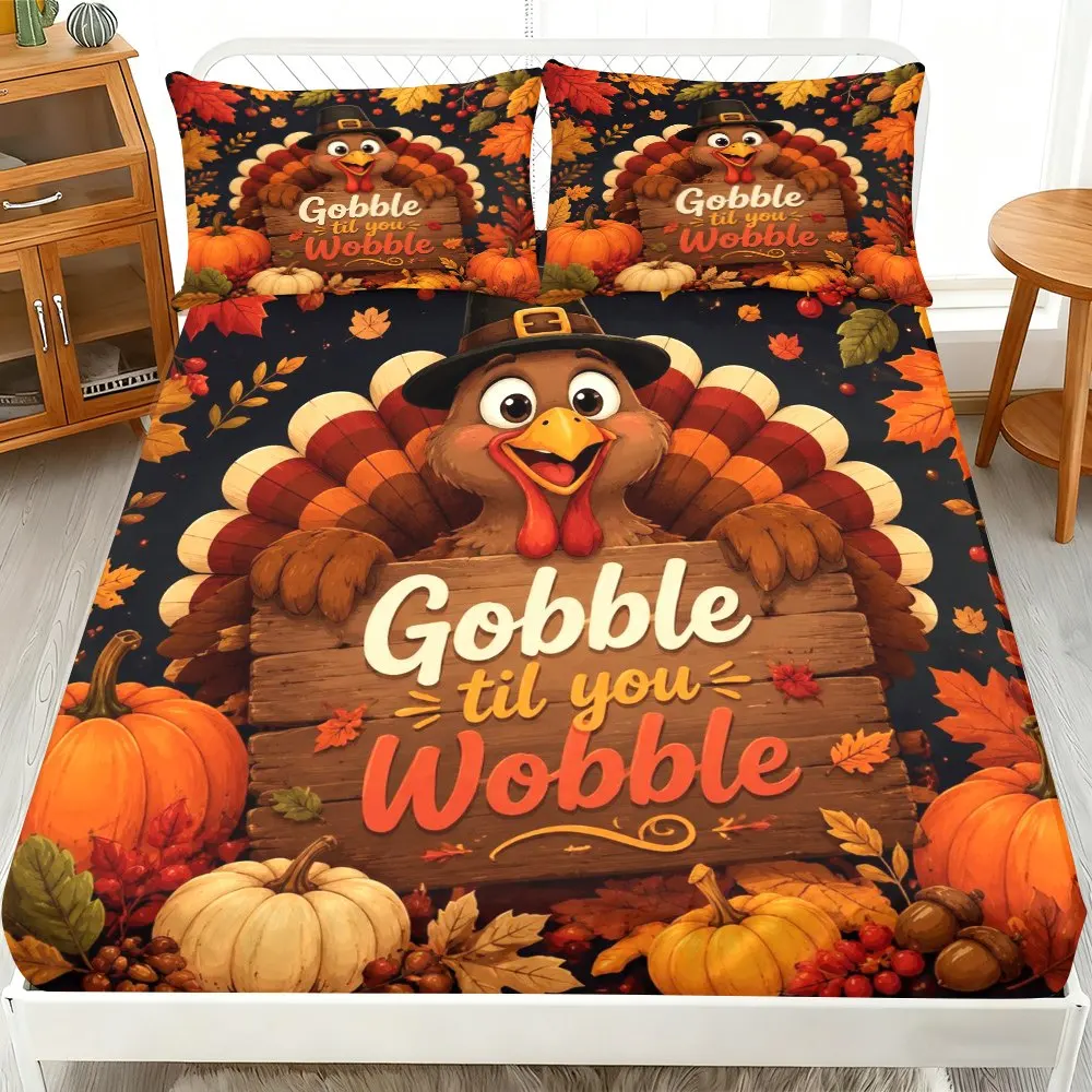 2D Flat Priting, Mattress Protector, Elastic Fitted Sheet Cover King/Twin/Queen Size, Turkish Chicken-Cry Pattern Fitted Sheet Set, Thanksgiving, Suitable for All Seasons, Machine Washable, Universal for Home Master Bedroom Dormitory Guest Room, Dustproof and Stain-Resistant, Easy to Store, High Elastic Fit, Soft and Comfortable, Holiday Decoration