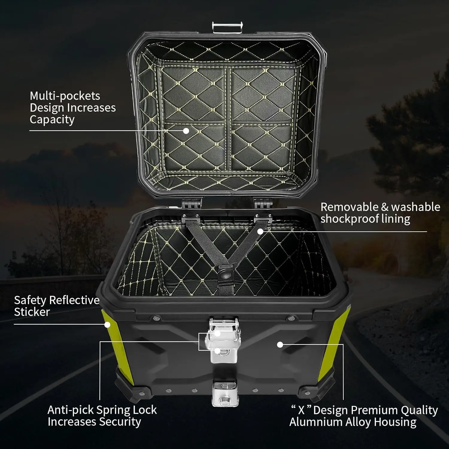 Universal Aluminum Black Motorcycle Tail Storage Box 45L 55L Motorcycle Trunk Rear With Reflective Design Waterproof Toolbox