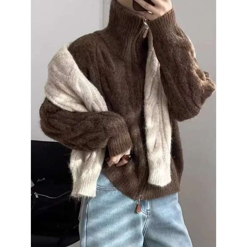 Korean Double Zipper Solid Color Fried Dough Twists Turtleneck Women Retro Sweater Autumn Winter New Casual Knitted Cardigan 10