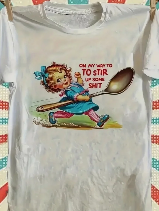 Women's Humorous 'On My Way to Stir Up Shit' Graphic T-Shirt - Short Sleeve Crew Neck Casual Top with Playful Cartoon Design, Me