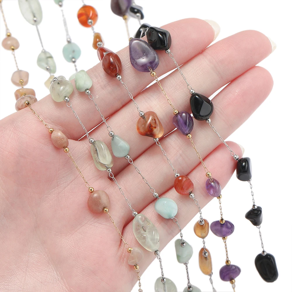 1M Multicolor Stainless Steel Natural Stone Irregular Shape Beads Chains for DIY Necklace Bracelets Jewelry Making Accessories