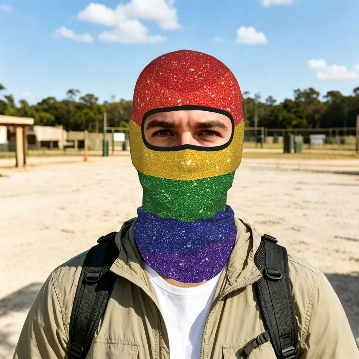 Faux Glitter LGBTQ Pride Rainbow Flag Background Breathable Balaclava Full Face Mask Sun Protection Neck Gaiter For Motorcycle