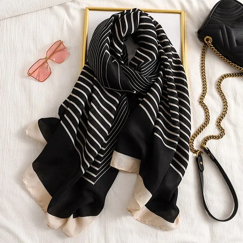 Women Cotton Viscose Striped Scarf Geometric Printed Muffler Spring Summer Beach Towel Air Conditioning Long Shawl 182*83cm