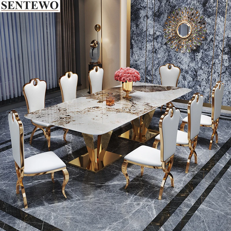 Luxury Rock Slab Kitchen Dining Room Table Chairs Metal Titanium Gold Frame Faux Marble Table Chair Set Mesa Y Sillas Comedor