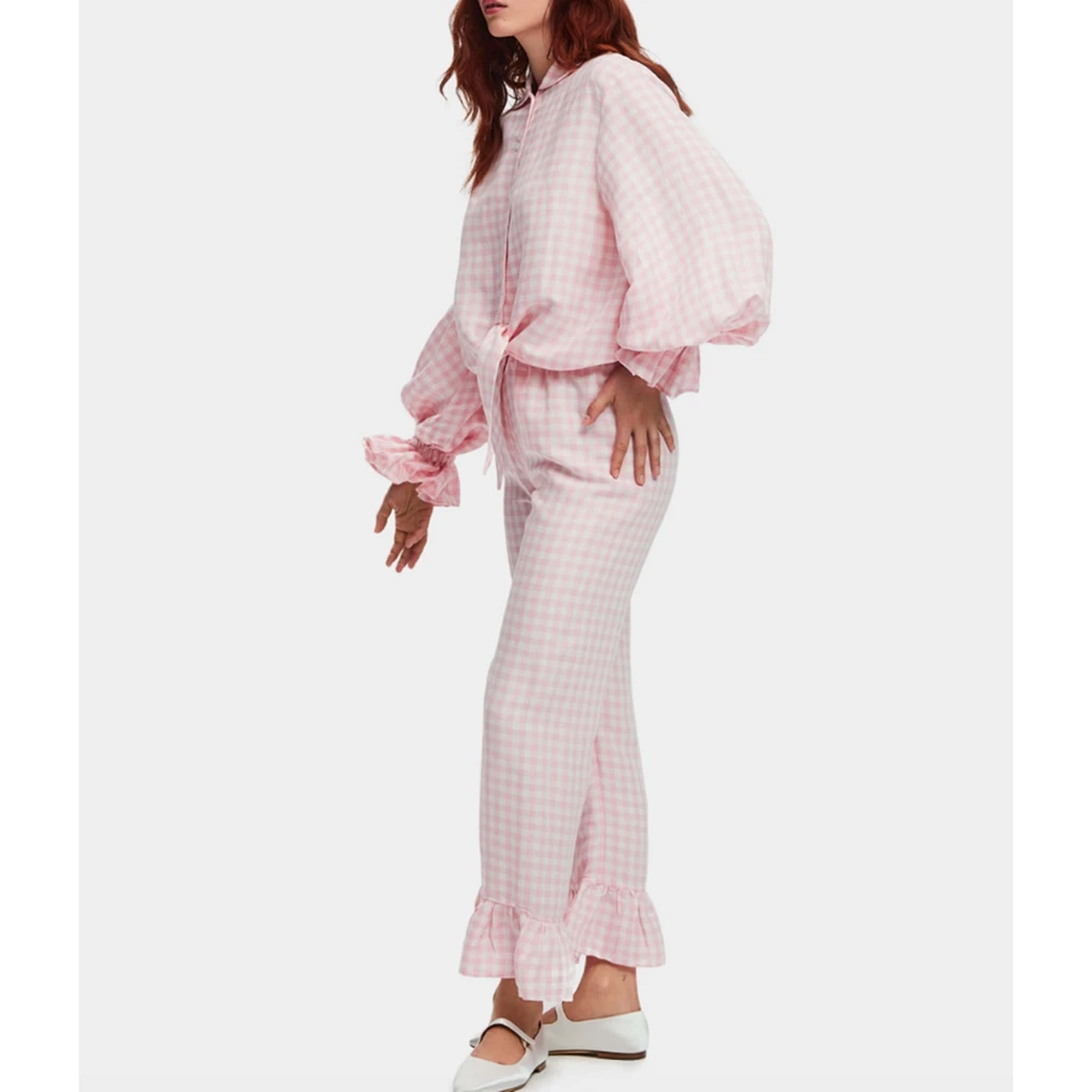 HEZIOWYUN Women 2Piece Plaid Print Pajamas Set Button up Puffy Sleeves Tied T-Shirt +Elastic Flared Ruffled Hem Pants Loungewear