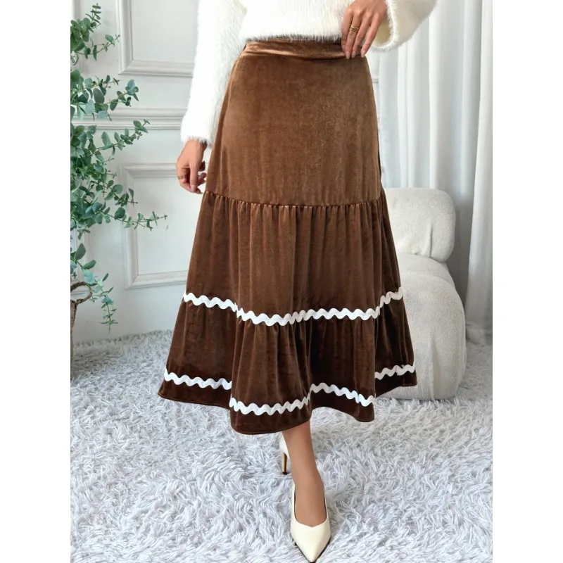 Mid-length Lace Skirt Women's Autumn and Winter Velvet Wide Hem A-line Skirt