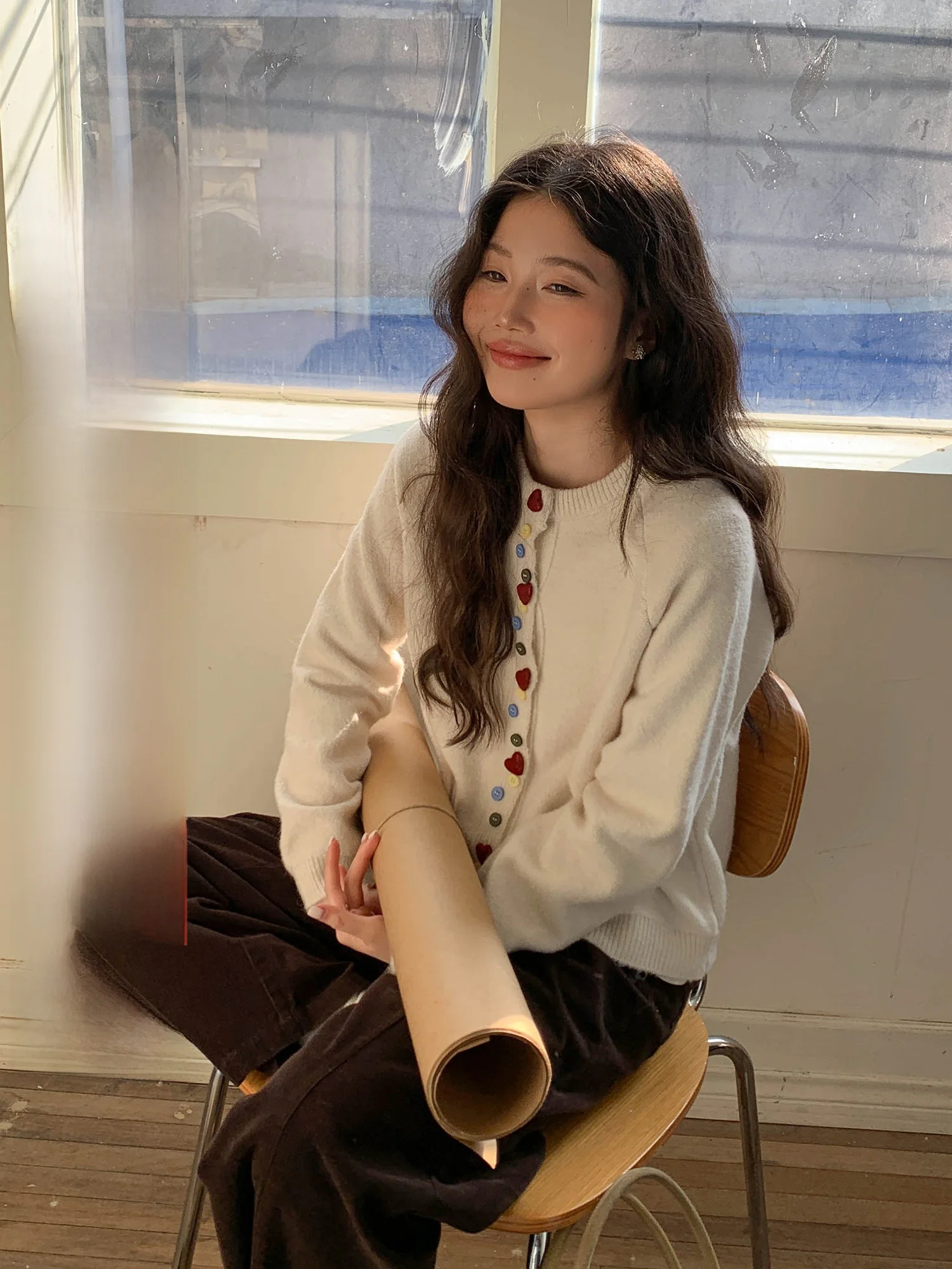 

Women's Knitted Button-Up Sweater Coat Soft Loose Fit Long Sve Winter Outerwear Beige Korean Sle Casual Wear