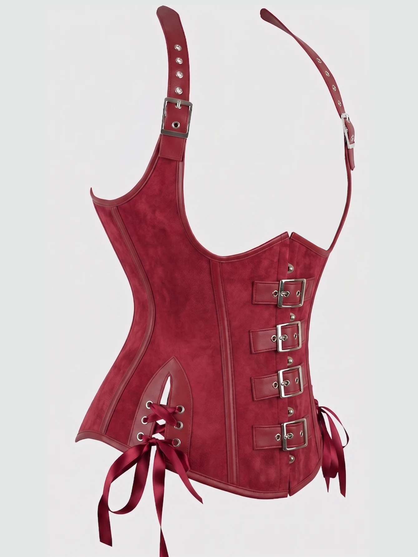 Red corset steampunk bustiers and corsets PU leather corselet underbust women halter top boned lace up halloween costume vintage - view 3