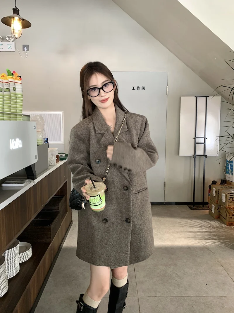 Real Shot and Real Price – Vintage Herringbone Woolen Blazer Coat for Women, Autumn and Winter Korean Loose Mid-Length Wool Coat