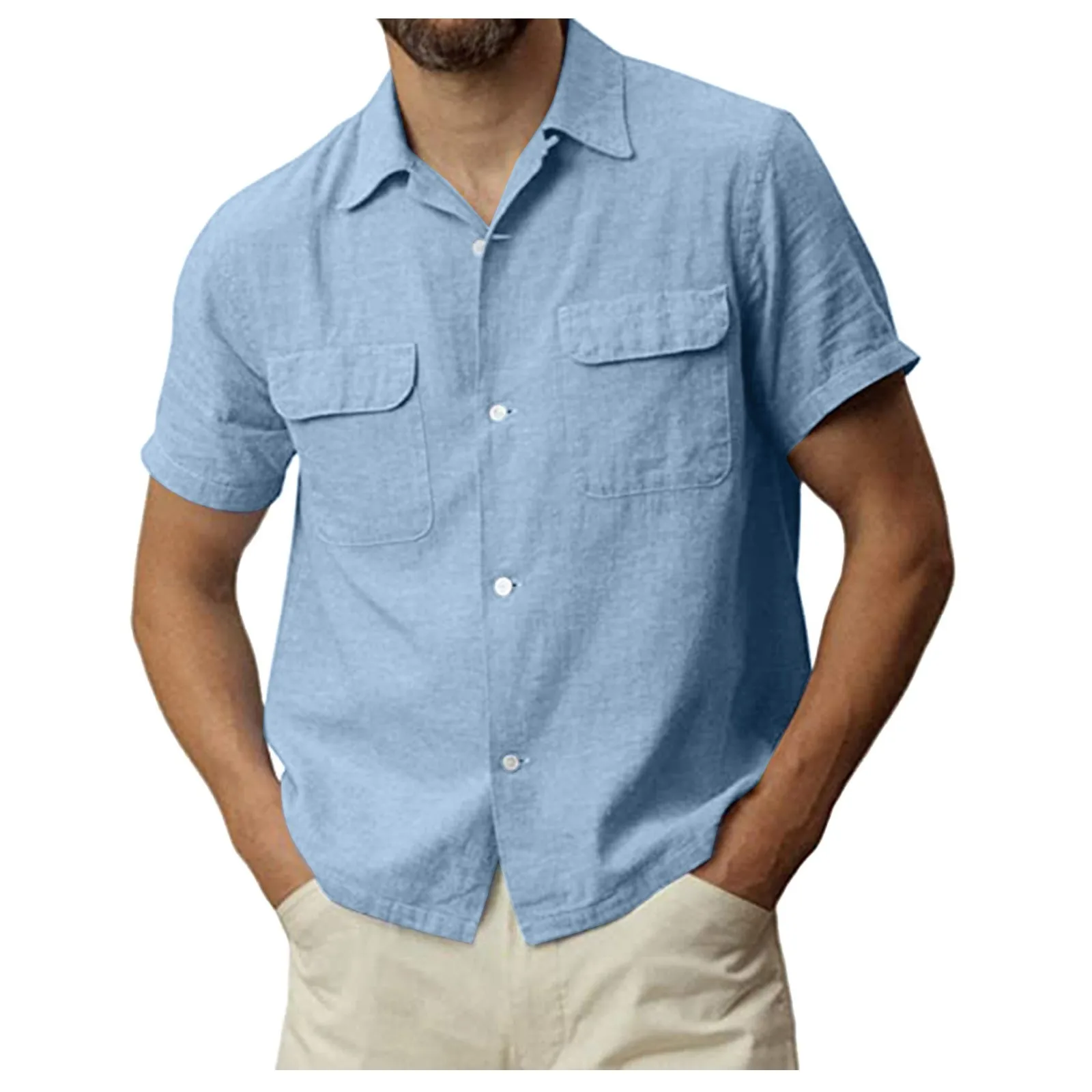 Summer Men Shirt Dual Pocket Casual Solid Color Blouse Cotton Linen Shirt Short Sleeve Loose Cardigan Tops Breathable Beachwear