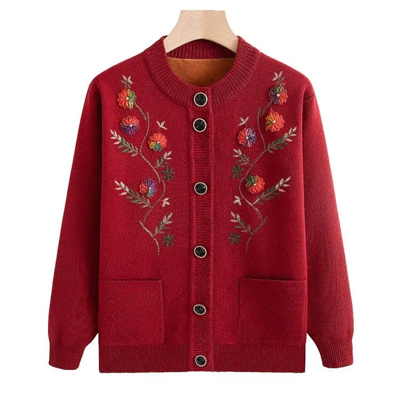 

New Printed Spring Autumn Mother Wear Co Women Long Sleeved Sweater Bottoming Shirt Grandma Cardigan Middle-aged and Elderly