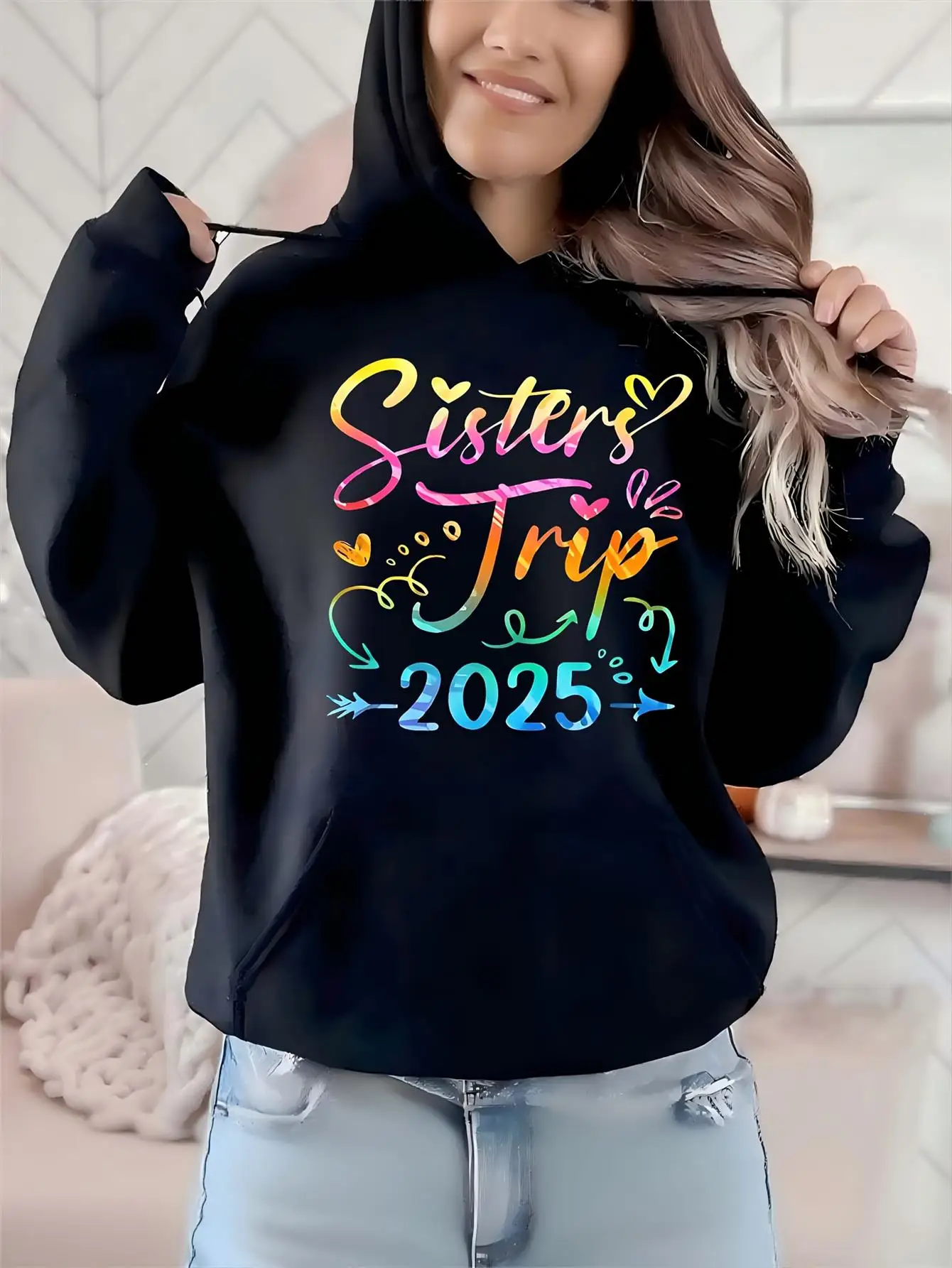 

Women's Oversized Hooded Sweatshirt with Colorful Hearts & Stars,cozy Round Neck Long Sleeve with Pocket for Fall/winter,casual