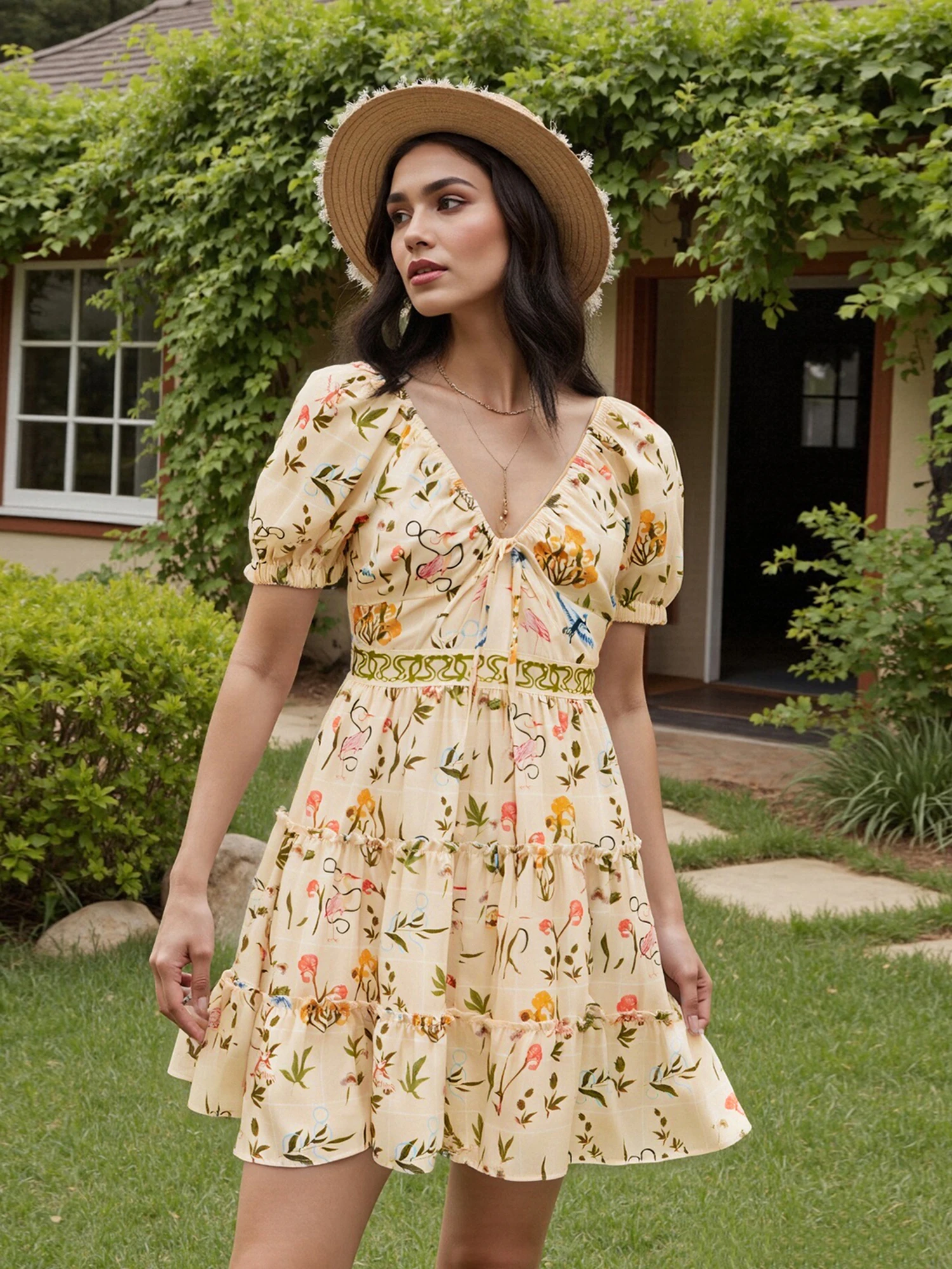 Women s Floral Print Mini Dress Puff Short Sleeve Elastic V Neck Tiered Hem Dress Spring Summer Short Dress