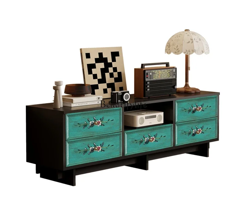 

12 American hand-painted TV cabinet retro living room background wall medieval storage cabinet