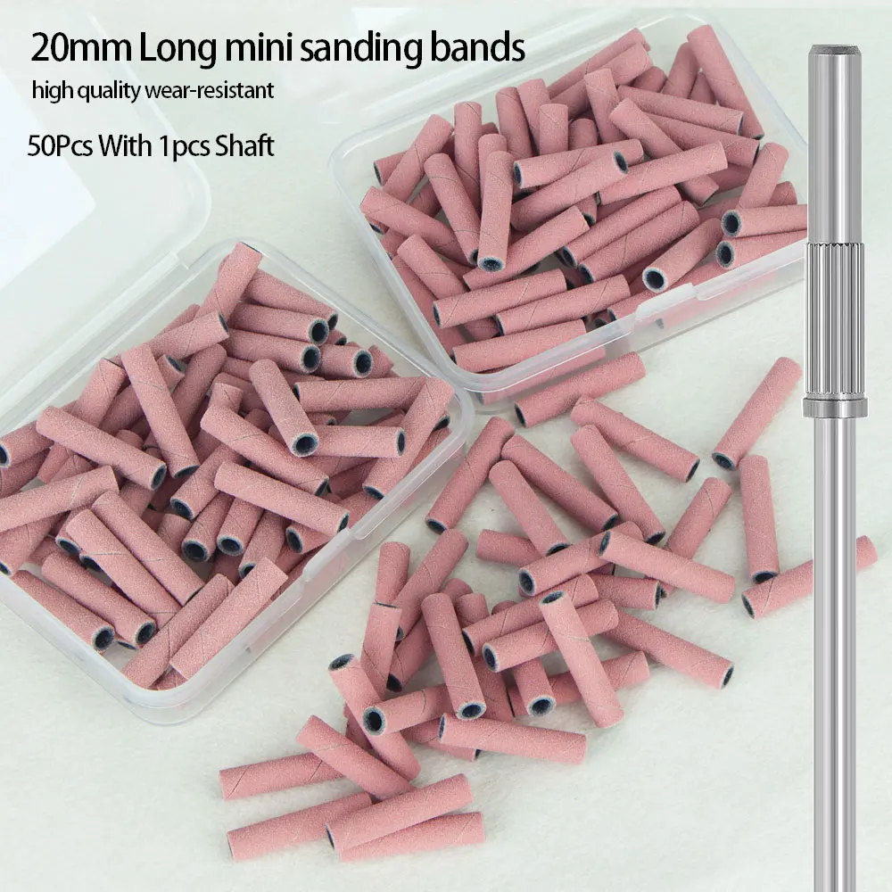 50Pcs 20mm Long Mini Sanding Bands with 1Pcs Metal Shaft Nail Drill Mandrel Bit Set for Nail Dead Skin Remove Acrylic Nails Gel