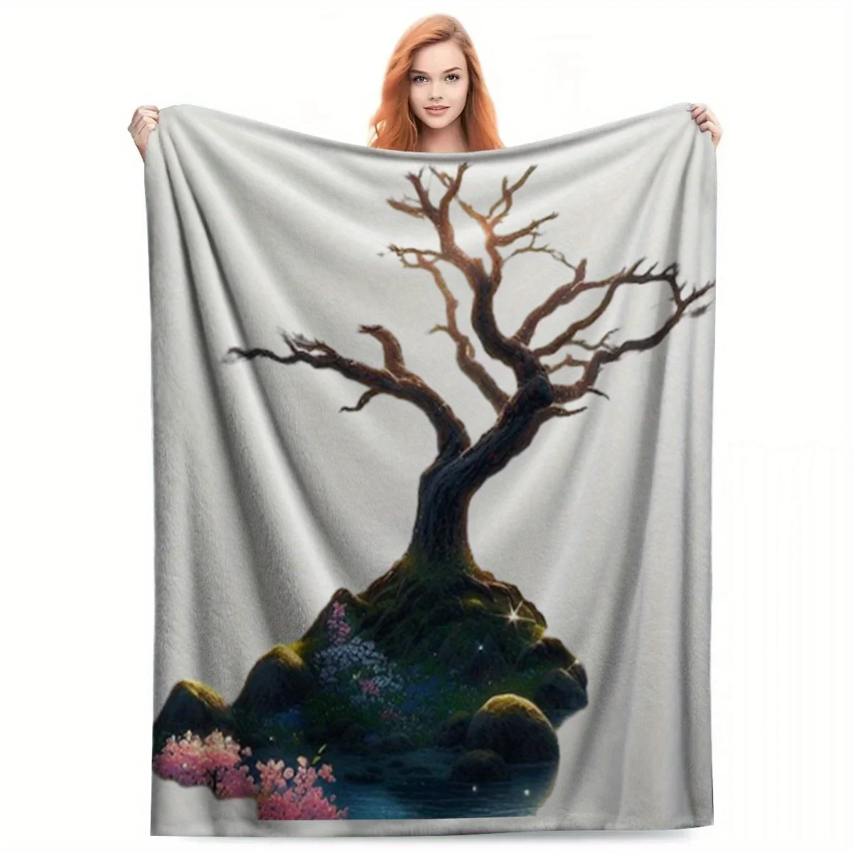 Whimsical Cherry Blossom Tree of Life Blanket - Lightweight Flannel, Contemporary Style, Machine Washable, All-Season Home Decor