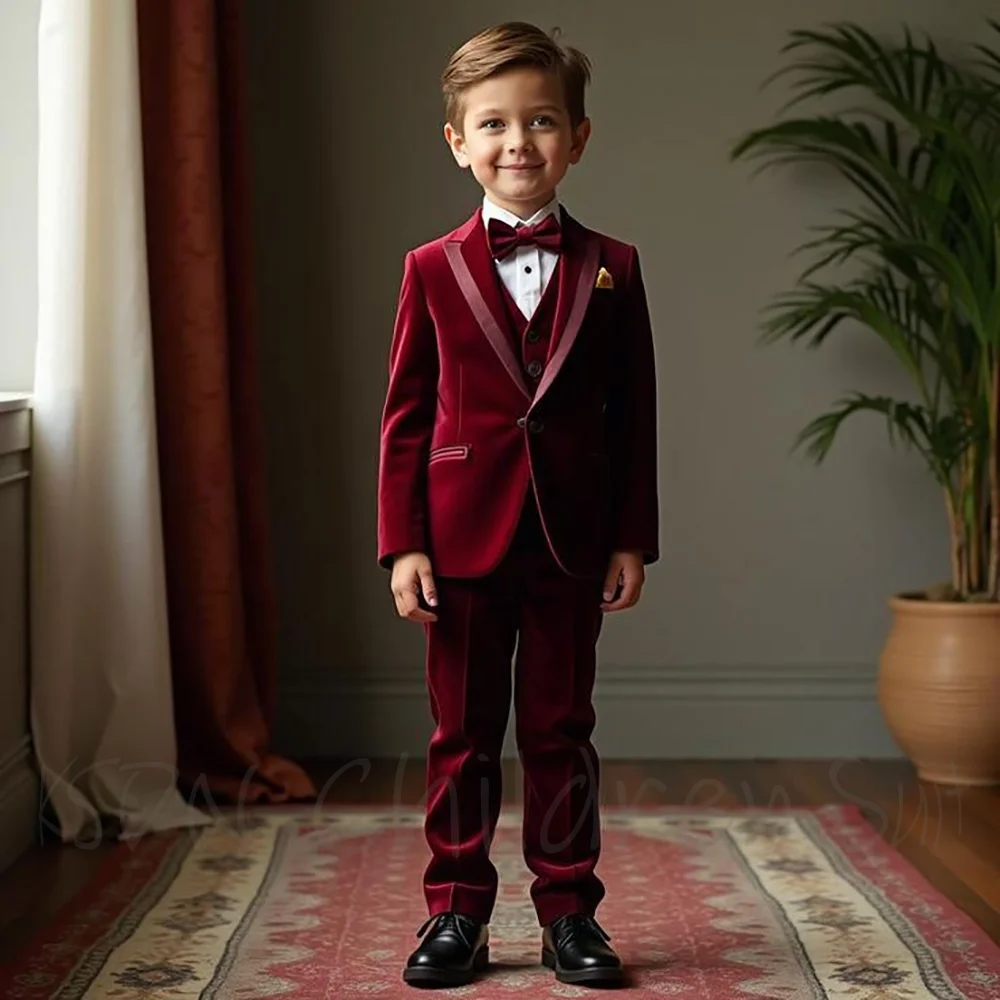 Burgundy Velvet Three Piece Boy Suit Tuxedo Kids Wedding Page Peak Lapel Piano Party Birthday Recital Costume Customized