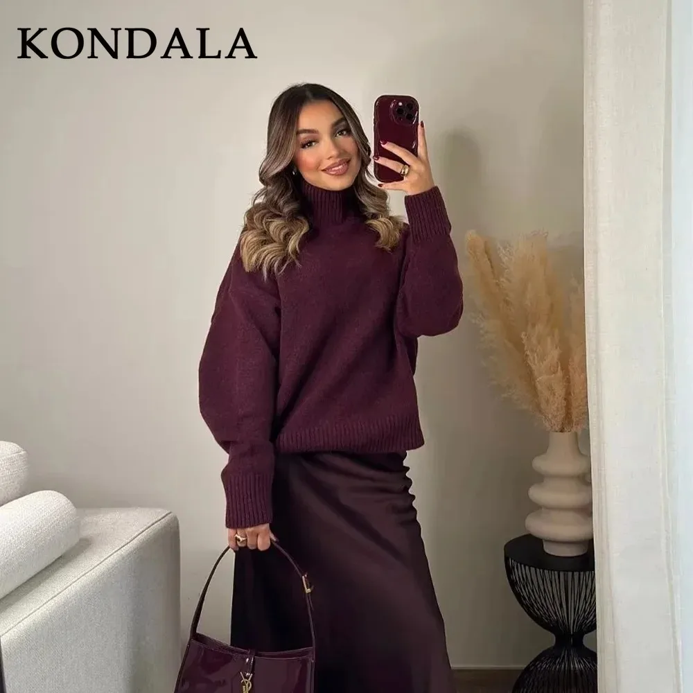 KONDALA 2025 Autumn Winter Women Basics Knitted Sweaters Fashion Casual Turtleneck Thick Warm Solid Pullover Ladies Sweaters