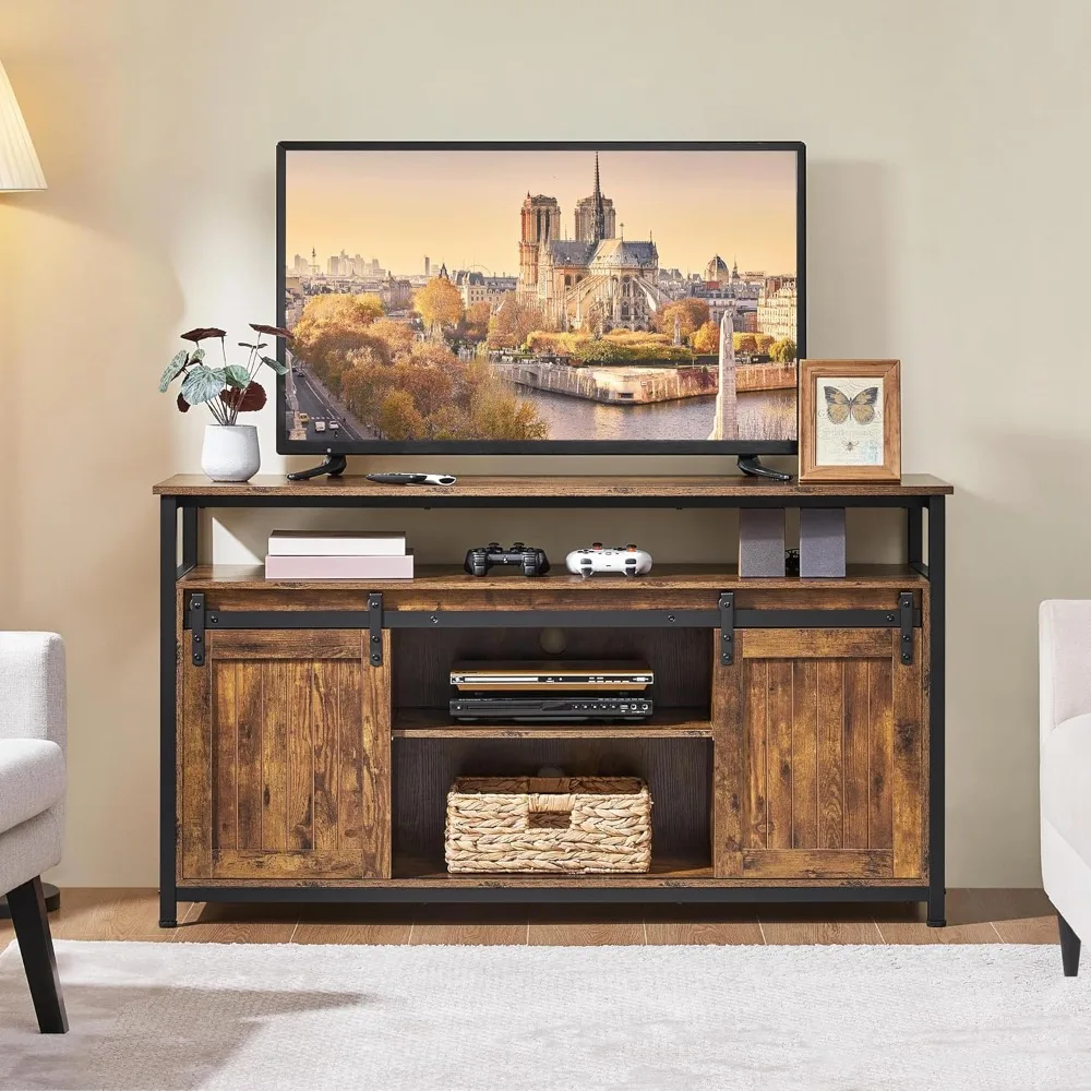 

65 Inch TV Stand, Farmhouse Entertainment Center with Storage, Wood Tall TV Stand, Rustic Brown