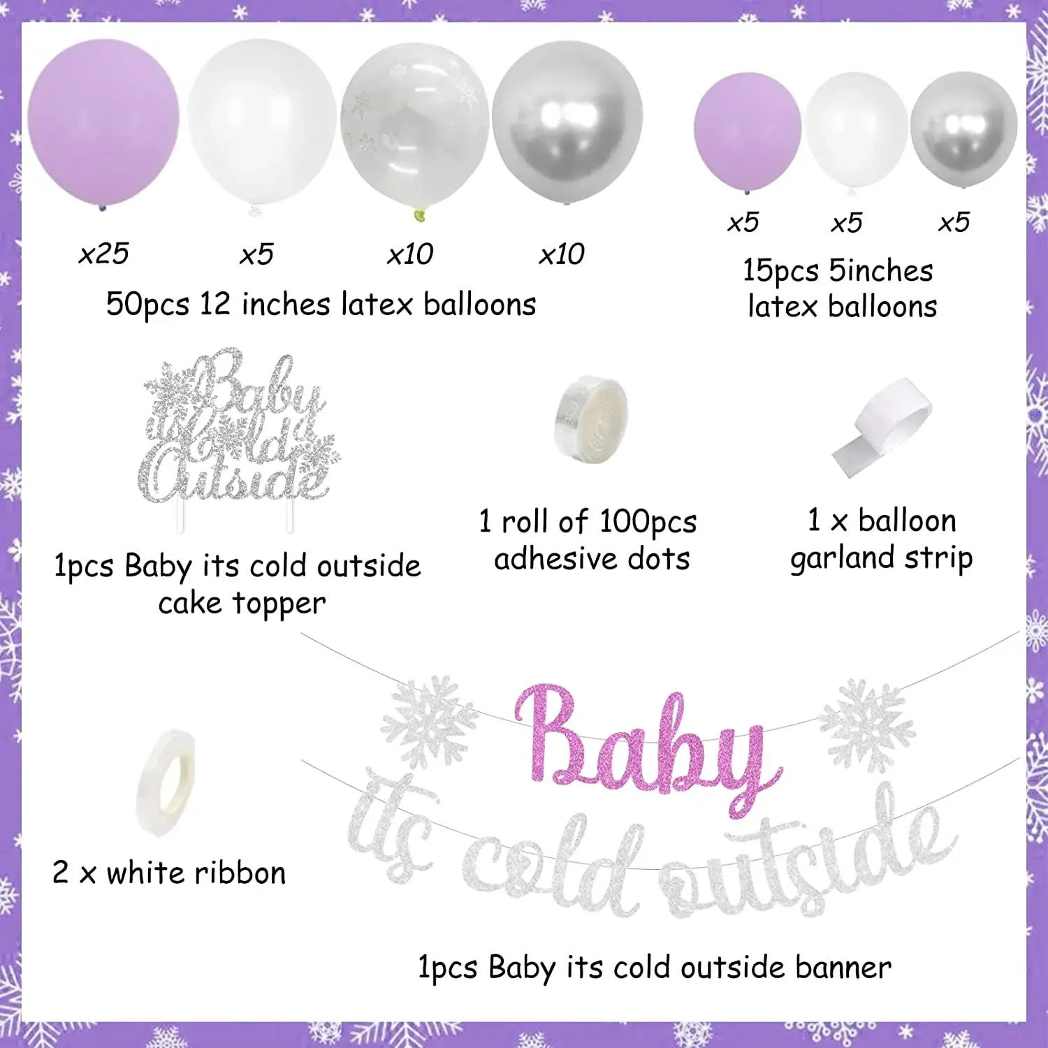 Sursurprise Winter Theme Baby Shower Decorations Purple Balloon Garland Snowflake Banner Cake Topper for Girls Baby Shower Decor