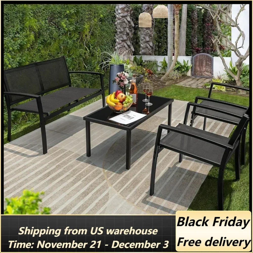 4 Pieces Outdoor Patio Furniture Modern Conversation Black Bistro Set with Loveseat Tea Table for Home, Lawn and Balcony