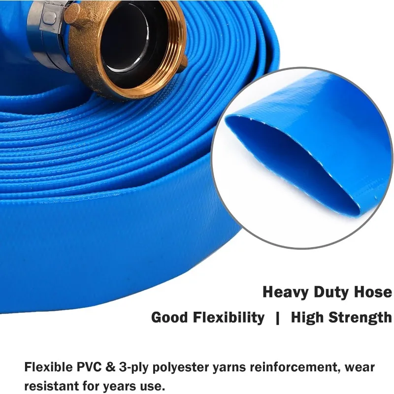 3" ID X 50 Ft Pool Backwash Hose, Heavy Duty Reinforced Blue PVC Lay Flat Water Discharge Pump Hoses for Swimming Drain Pools