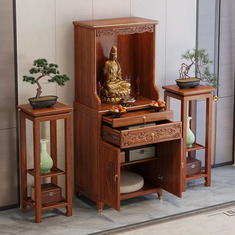 YFY   New Chinese solid wood Buddhist table with door, walnut home stand cabinet, Gongtai Guanyin Shrine table, Buddhist cabinet