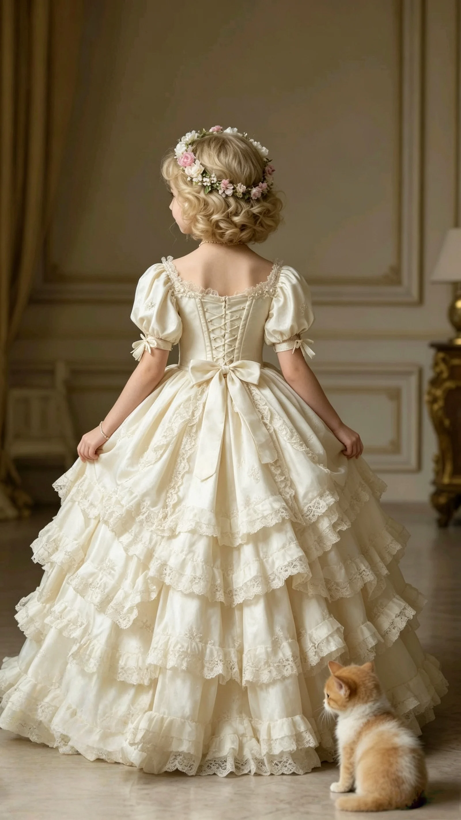 Palace Luxury Satin Children's Flower Girl Dress One Shoulder Handmade Pearl Lace Waist Multi-layer Lotus Leaf Princess Dress
