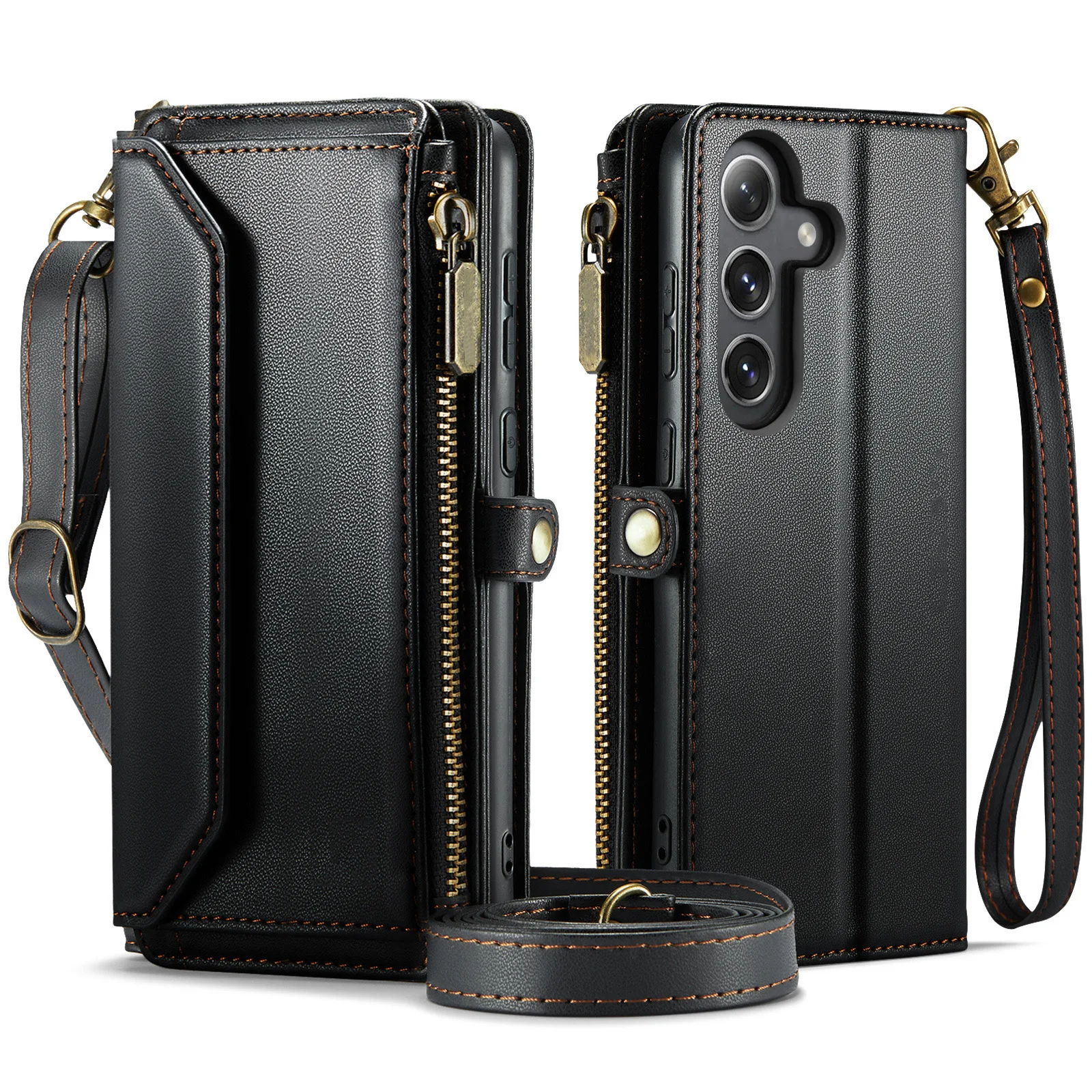 

Многофункциональный чехол-кошелек для Samsung S25/S25 Plus/S25 Ultra с подставкой, магнитной застежкой, молнией, ремешком на плечо и на запястье