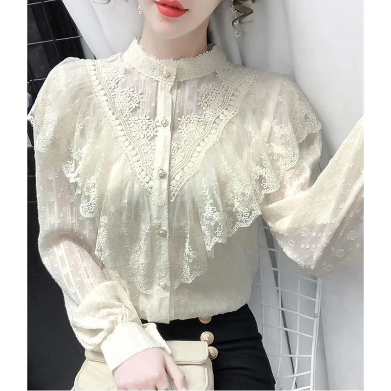 

2023 New Spring and Autumn Fashion Western Standing Neck Lace Jacquard Embroidery Commuter Simple Style Single Breasted Shirt