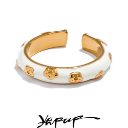 Yhpup Fashion White Enamel Stainless Steel Exquisite Open Ring Women 18K Gold PVD Plated Jewelry Stylish Accessories Gift