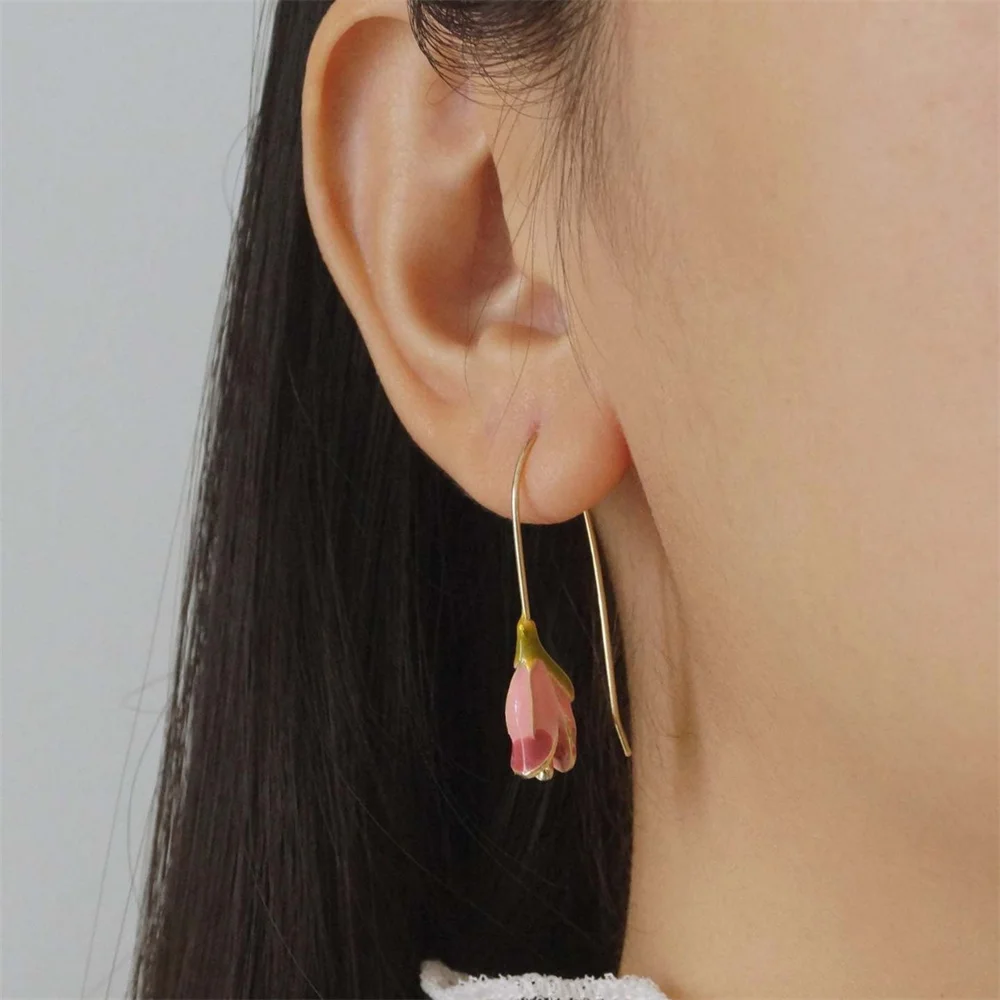 Fashion Mini Pink Drop Glazed Tulip Flower Stud Earrings For Women Girls Gentle Sweet Ear Accessories Romantic Party Jewelry