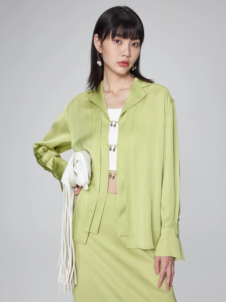 

Minimalist High-End Acetate Linen Blend Fabric Design Long Sleeve Women's Shirt Summer Blank Label Commute Style Pure Color