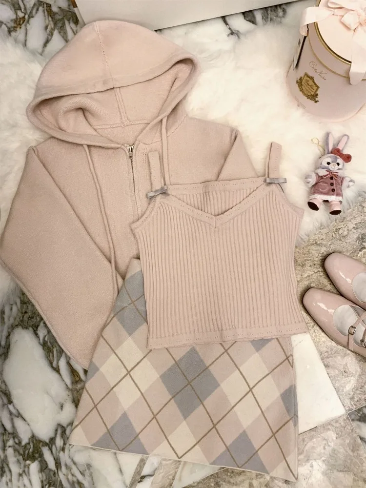 Winter Kawaii Knitted 3 Piece Set Women bow Sweet Elegant Skirt Suit Female Long Sleeve Coat + Pink Vest + Plaid Mini Skirt 2024