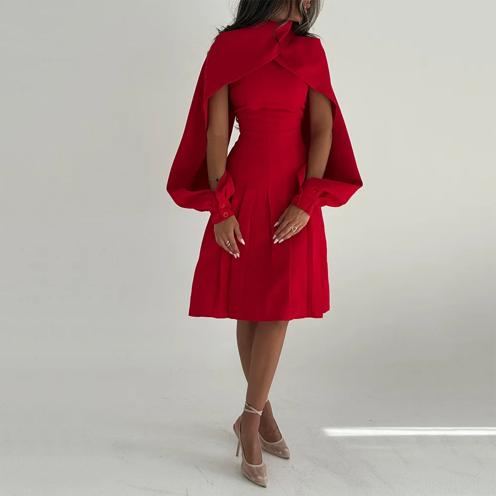 

Red Prom Dress Simple High Neck Long Sleeves Knee Length Dresses Evening A-line Pleat Jersey Party Dress Customized 2025