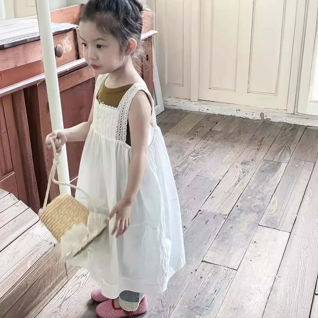 Girls Casual Dresses Princess Summer New Korean 2024 White Lace Flower Edge Vest Long Childrens Clothing Hollowing Out
