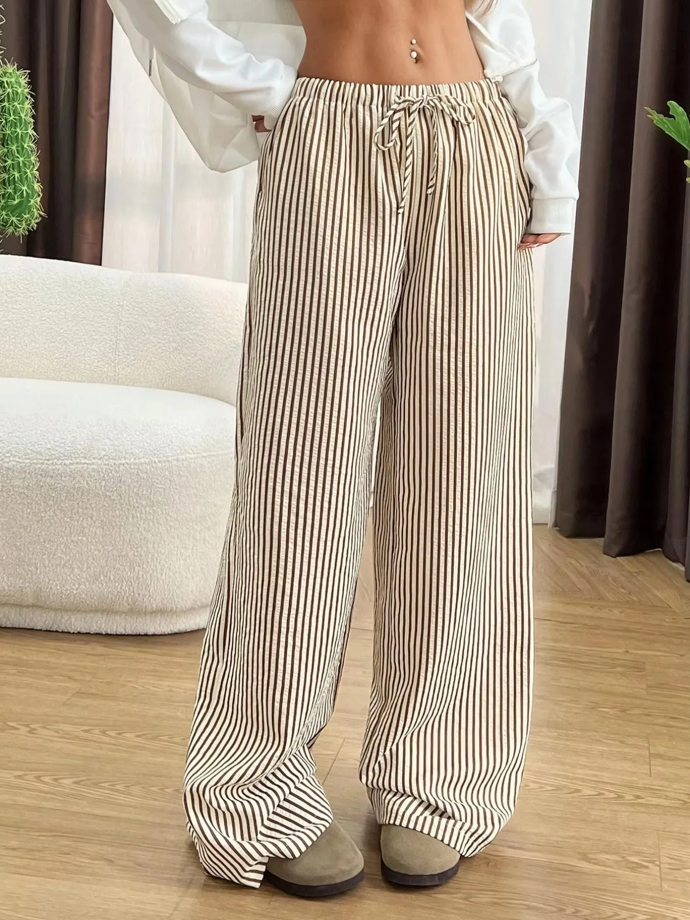 Damen-Hose mit geradem Bein, dünne, lange, lockere Freizeithose, vielseitige Hose mit weitem Bein und Streifenmuster