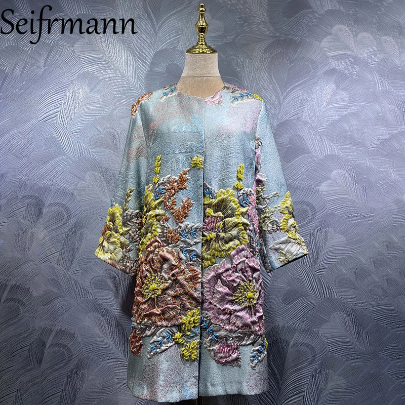 Seifrmann 2026 Summer Women's clothing New Fashionable Round Neck Long Sleeve Nail Bead Jacquard Long Coat