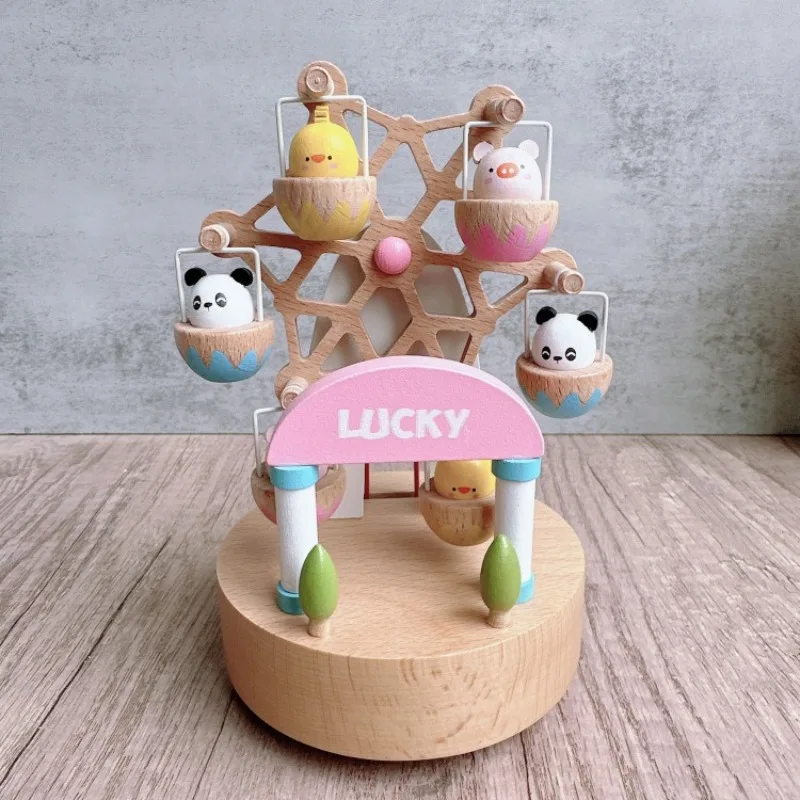 LUCKY Ferris Wheel Music Box Cute Panda Rotating Music Box Handmade Wooden Girl Children's Birthday Gift Creative Companion Gift