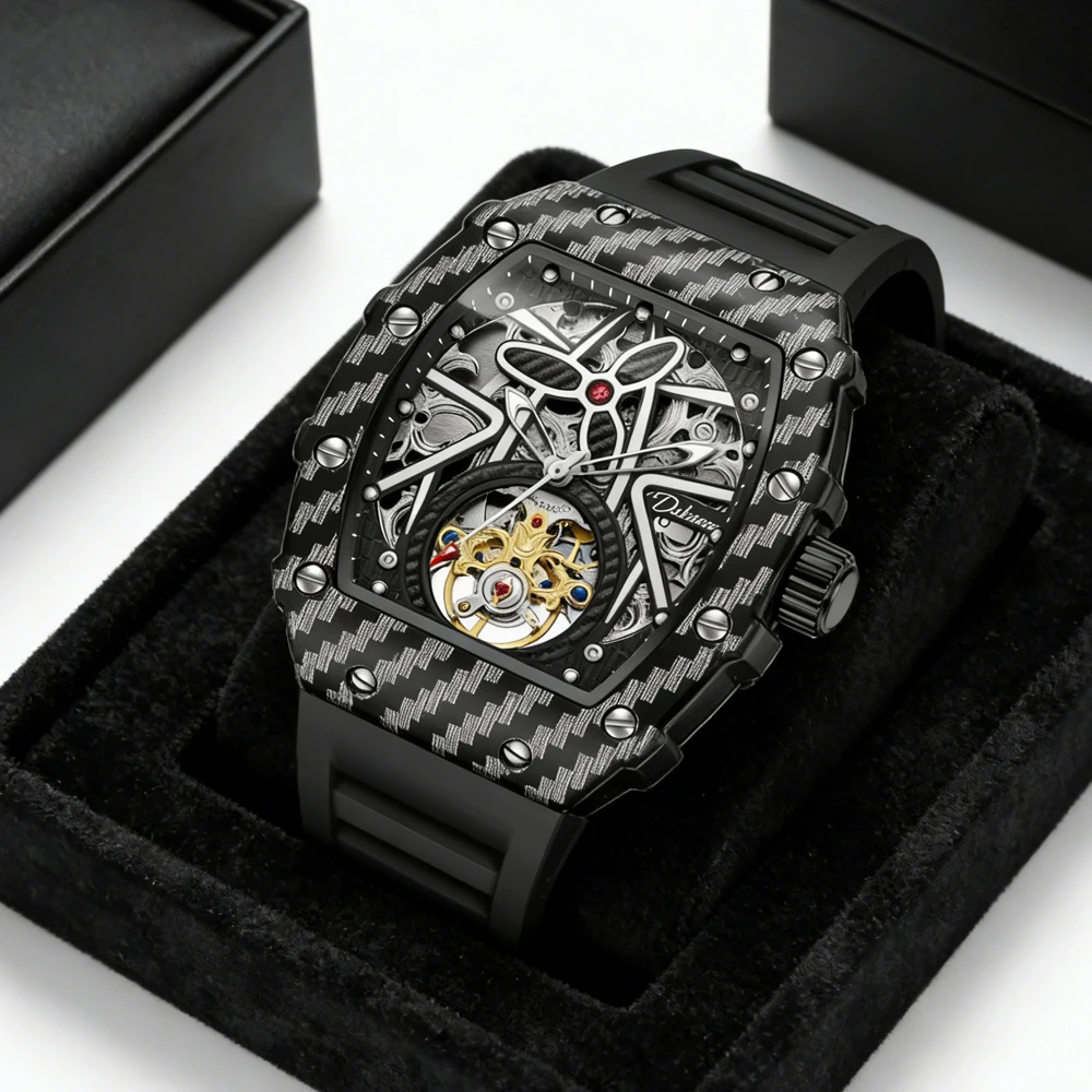 

Роскошные оригинальные часы с турбийоном, мужские спортивные водонепроницаемые автоматические механические часы, мужские модные силиконовые наручные часы Tonneau, мужские наручные часы