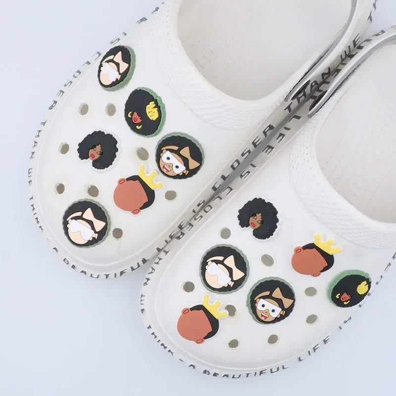 Shoe Decorations Charms Cute Cartoon Black Girl with Thick Hair Shoe Accessories Charms Round Pvc New Year's Holiday Gift