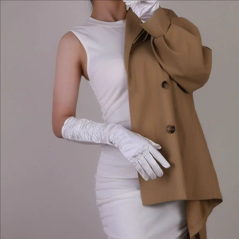 

Шелковые перчатки с рюшами для женщин, 38 см, средней длины, эластичные, тонкие, солнцезащитные, для платьев, из искусственного шелка, для косплея, SC04