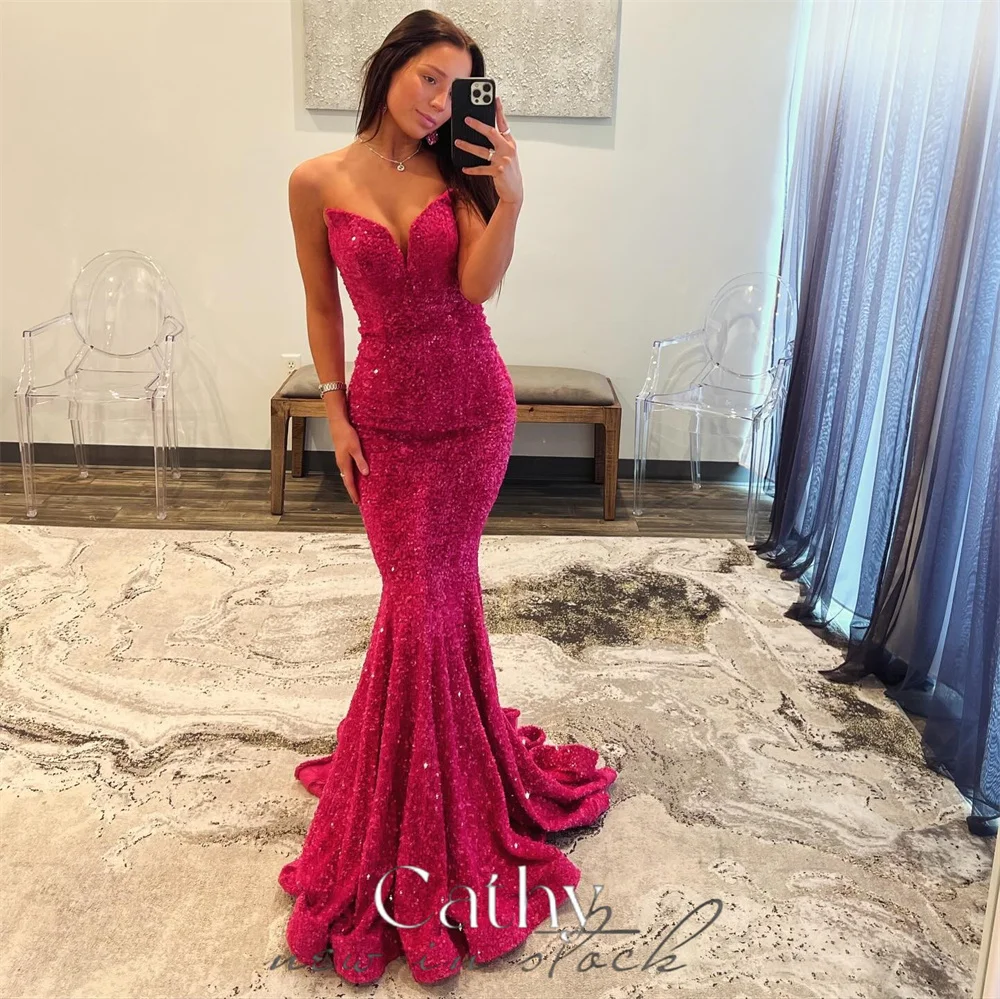 

Cathy Burgundy Glitter Prom Dresses Shiny Sequin Evening Dress Elegant Sleeveless Backless Long Train Mermaid vestidos de fiesta