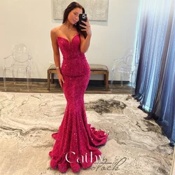 Cathy Burgundy Glitter Prom Dresses Shiny Sequin Evening Dress Elegant Sleeveless Backless Long Train Mermaid vestidos de fiesta