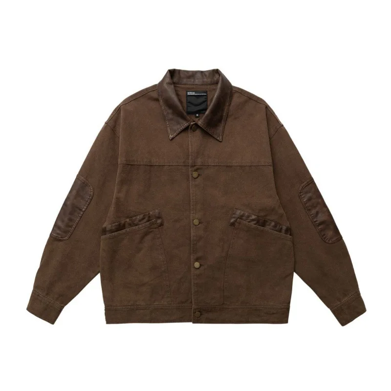 

2026 Spring New Denim Canvas PU Washed Jacket Suede Lapel Suede Patch Unisex Loose Casual Retro Workwear