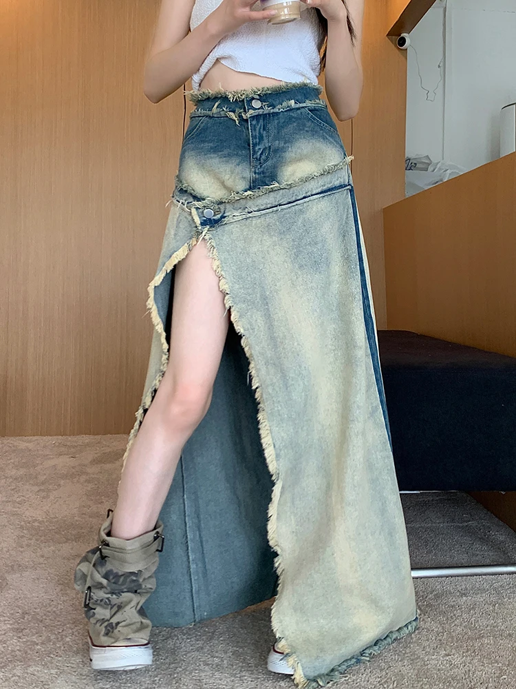 

Vintage Ripped Tassel Jean Skirts Front Split Irregular Denim Skirt High Street Long Skirts Maxi Skirt