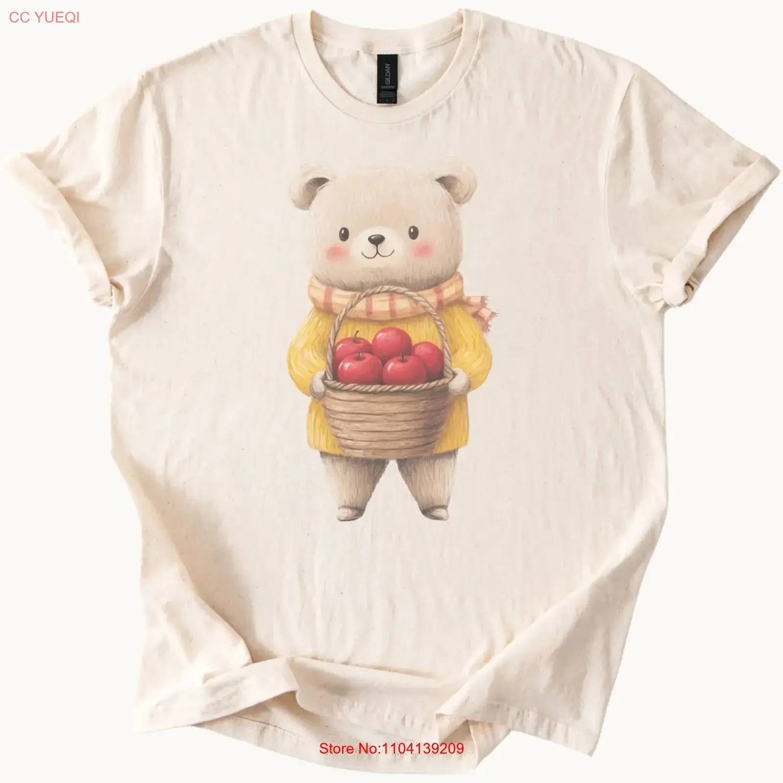 Bear Holding Apples T Shirt Cute Fall Animal Illustration Farmcore  vintage Washed graphic Top For Everyday Wear homme