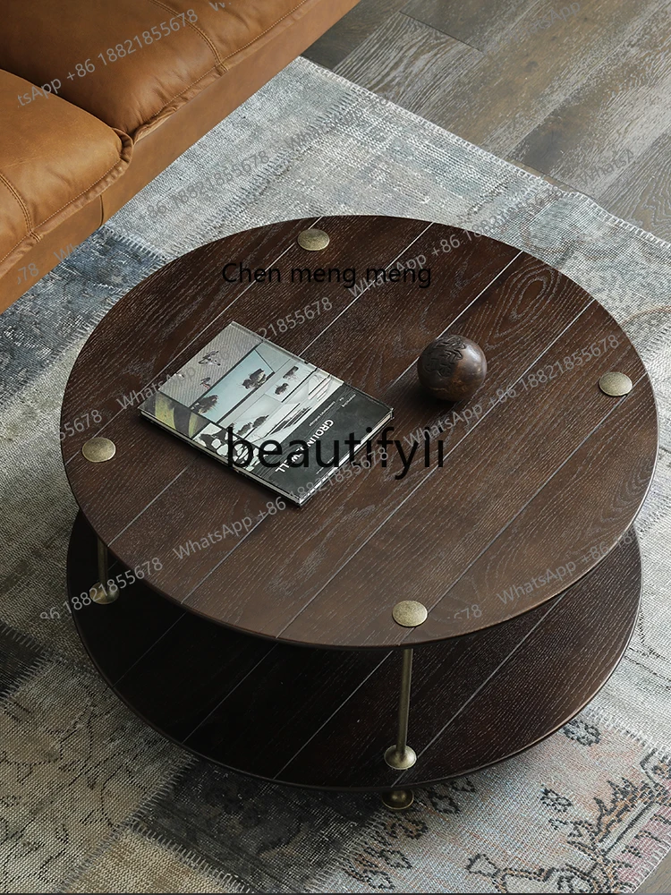 Wrought iron coffee table round edge few Nordic style oak cast iron retro cold few  R