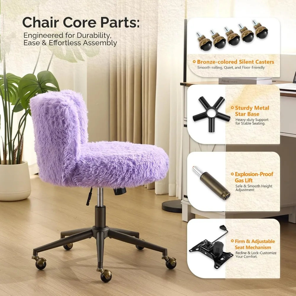 Plush Upholstery Vanity Desk Chair with Curved Back, Adjustable Height and Swivel Wheels for Makeup and Home Office, Purple view 5