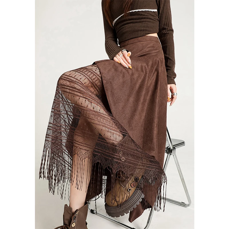 Y2K Suede Midi Skirt Women Harajuku Lace Patchwork Asymmetrical Black Skirts Autumn Vintage Grunge Casual Design A Line Faldas